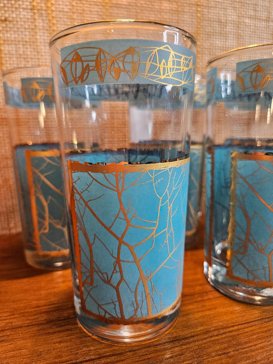 C632 Set of 7 aqua & gold crackle tall glasses|12756