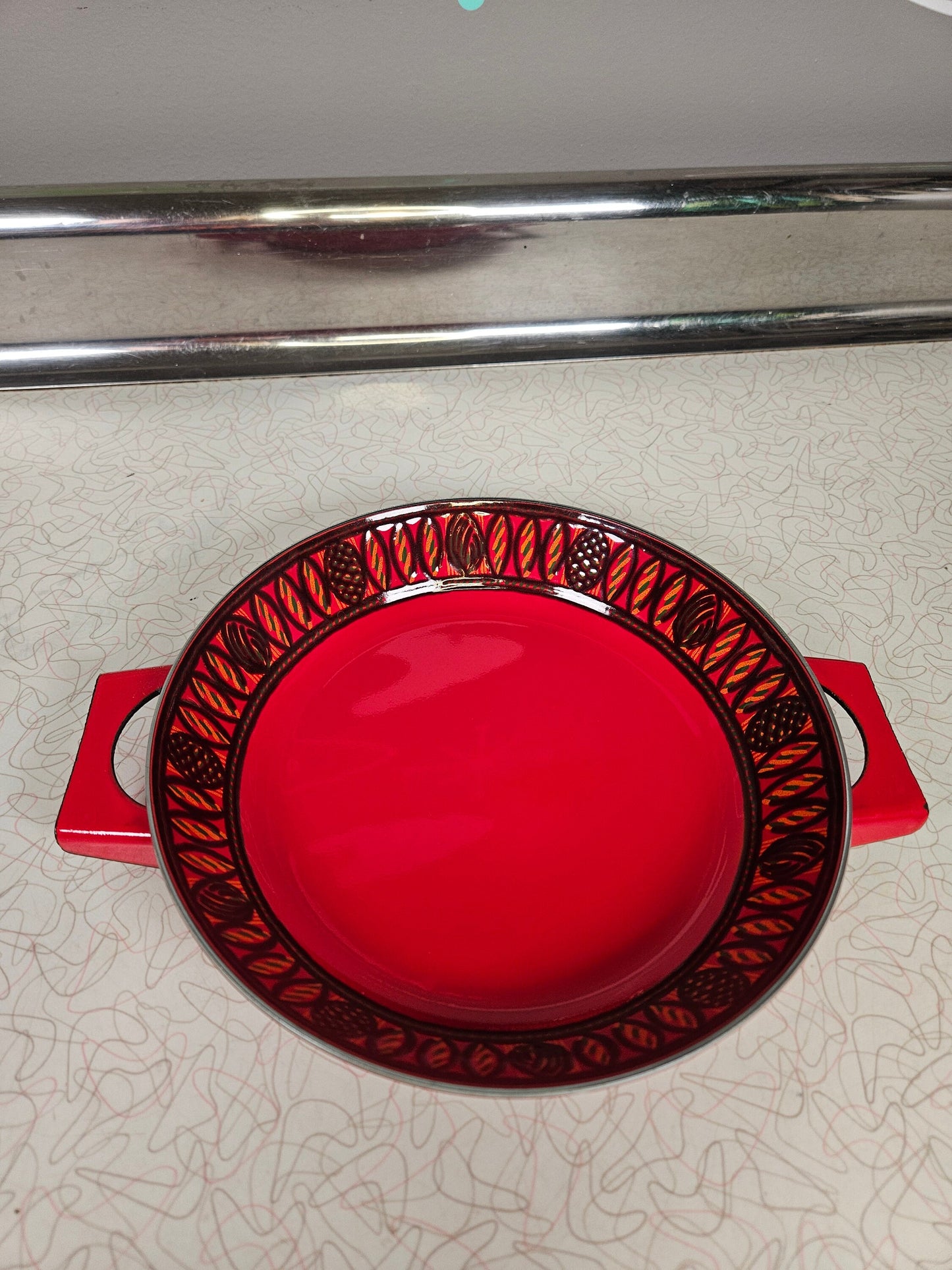Enamel Mid Century Red Decorated Swiss Handled Pan, 8 Inches, 1960s