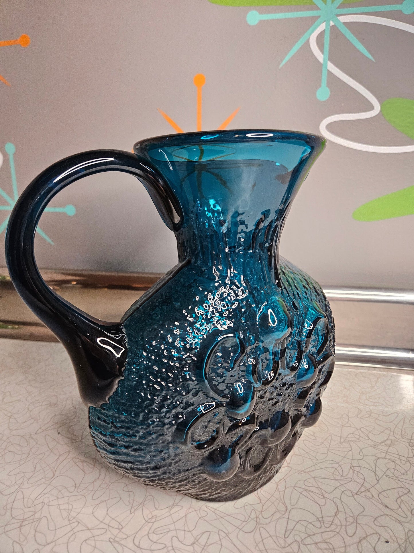 Vintage Wayne Husted Blue Glass Pitcher, Mid Century Modern, Empoli