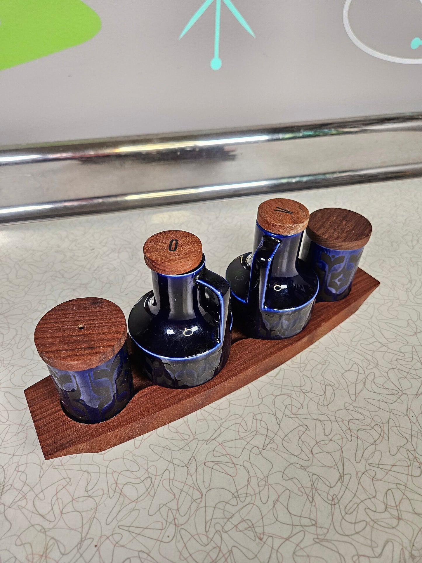 Hornsea Heirloom Oil Vinegar Salt and Pepper Set, Midnight Blue, Original Wood Stand by John Clappison