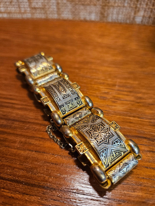 Vintage Spain Damascene Geometric Gold Link Bracelet|12875