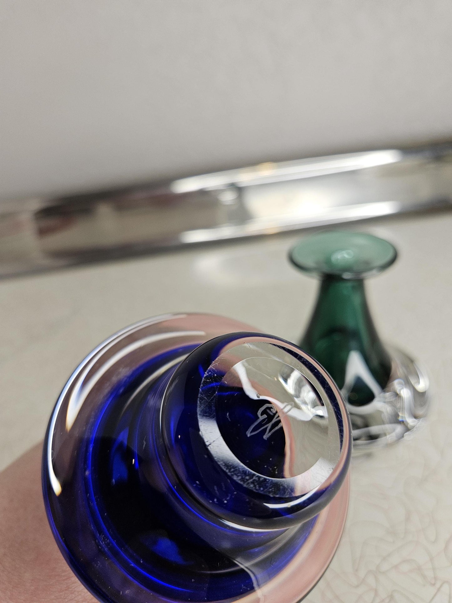 Jan Benda Hand-Blown Encased Glass Bud Vase, Vintage Jan Benda Hand-Blown Art Glass Sapphire Green