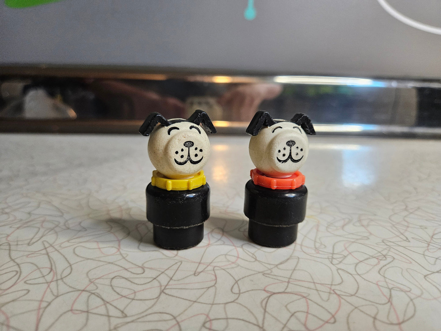 Vintage Fisher Price Little People Dog with Red Collar and Yellow Collars