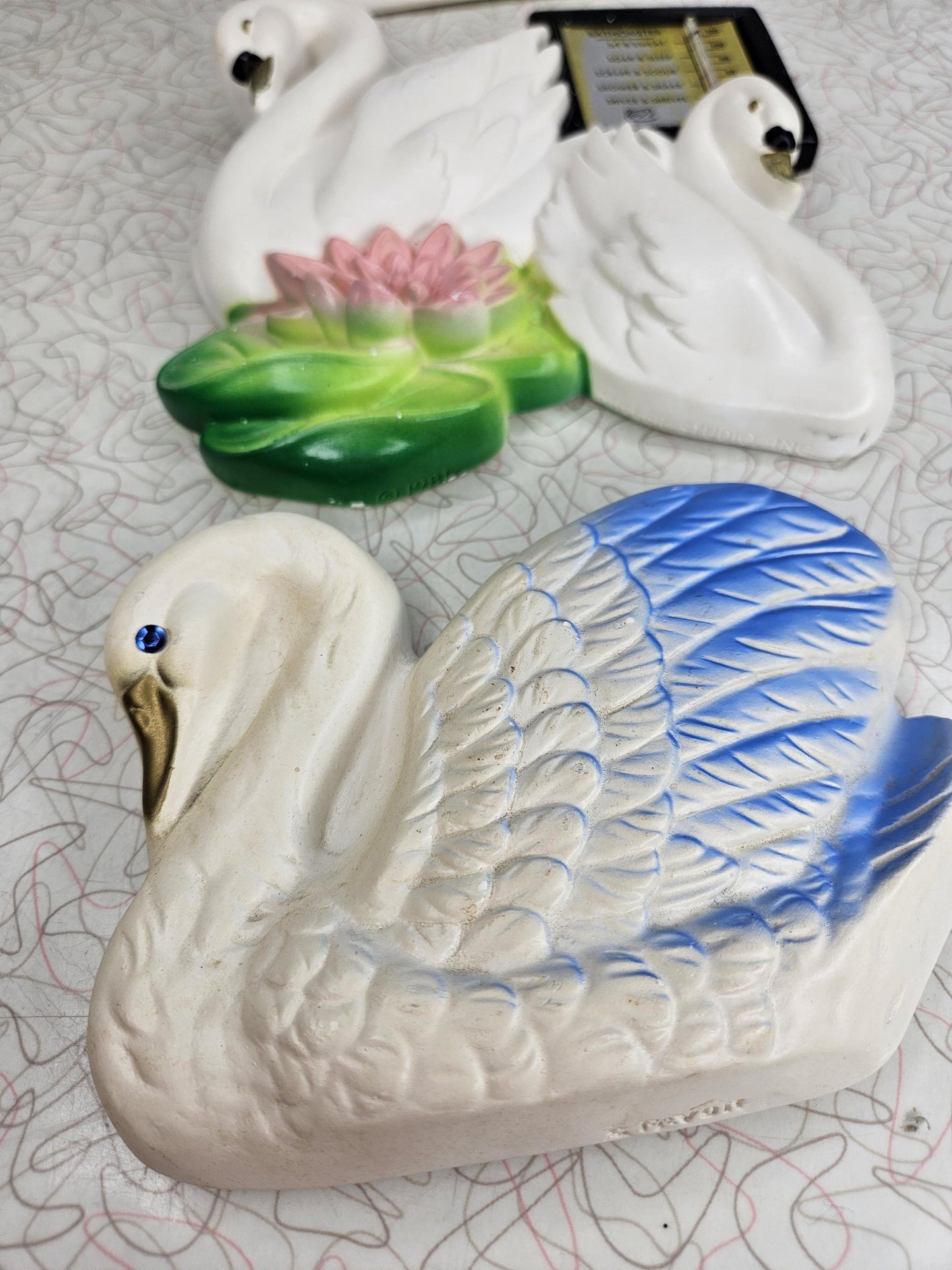 Vintage Bathroom Thermometer Chalkware Swans, Miller Chalkware