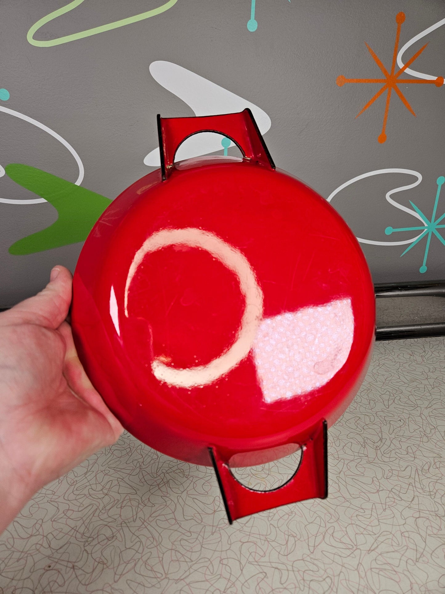Enamel Mid Century Red Decorated Swiss Handled Pan, 8 Inches, 1960s