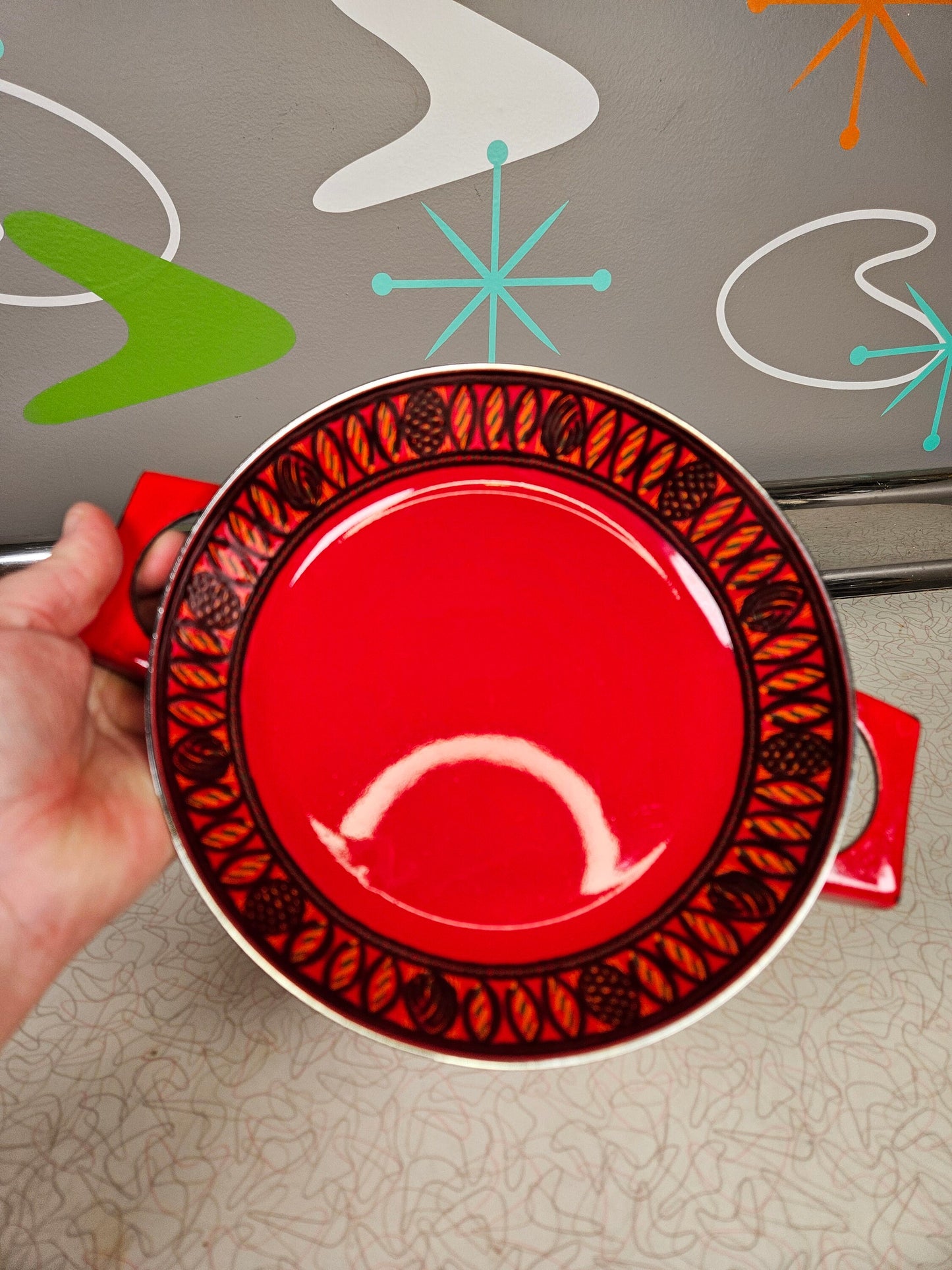 Enamel Mid Century Red Decorated Swiss Handled Pan, 8 Inches, 1960s