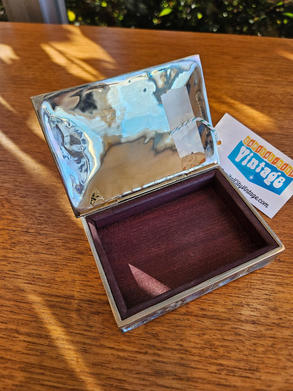 Abalone-Inlaid Hinged Trinket Box Made in Mexico Redwood Lining Hand Crafted|10299