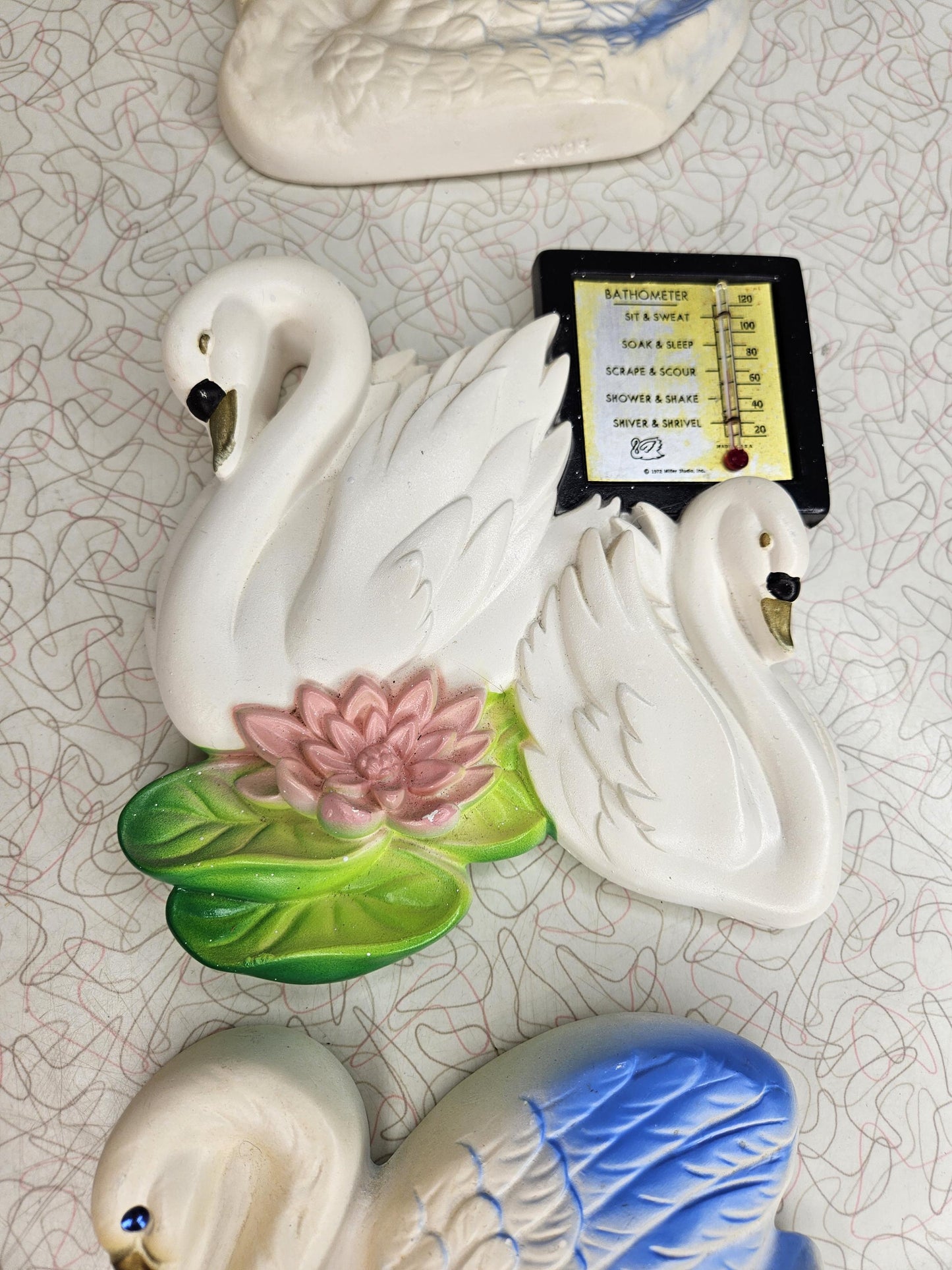 Vintage Bathroom Thermometer Chalkware Swans, Miller Chalkware