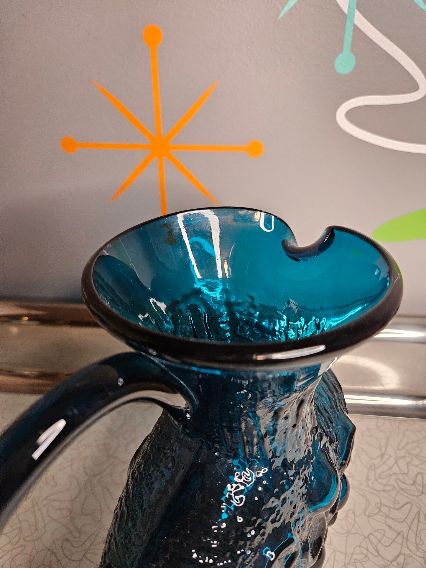 Vintage Wayne Husted Blue Glass Pitcher, Mid Century Modern, Empoli