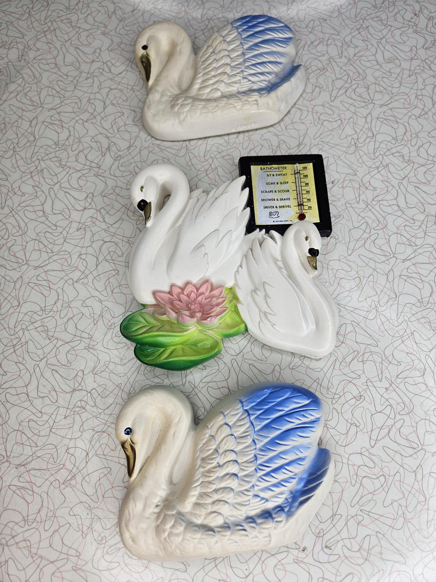 Vintage Bathroom Thermometer Chalkware Swans, Miller Chalkware