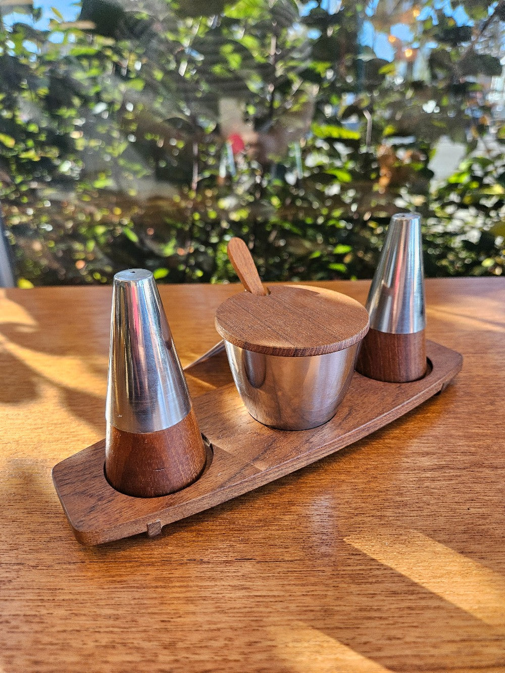 TEAK S&P, and middle condiment dish with spoon|10212
