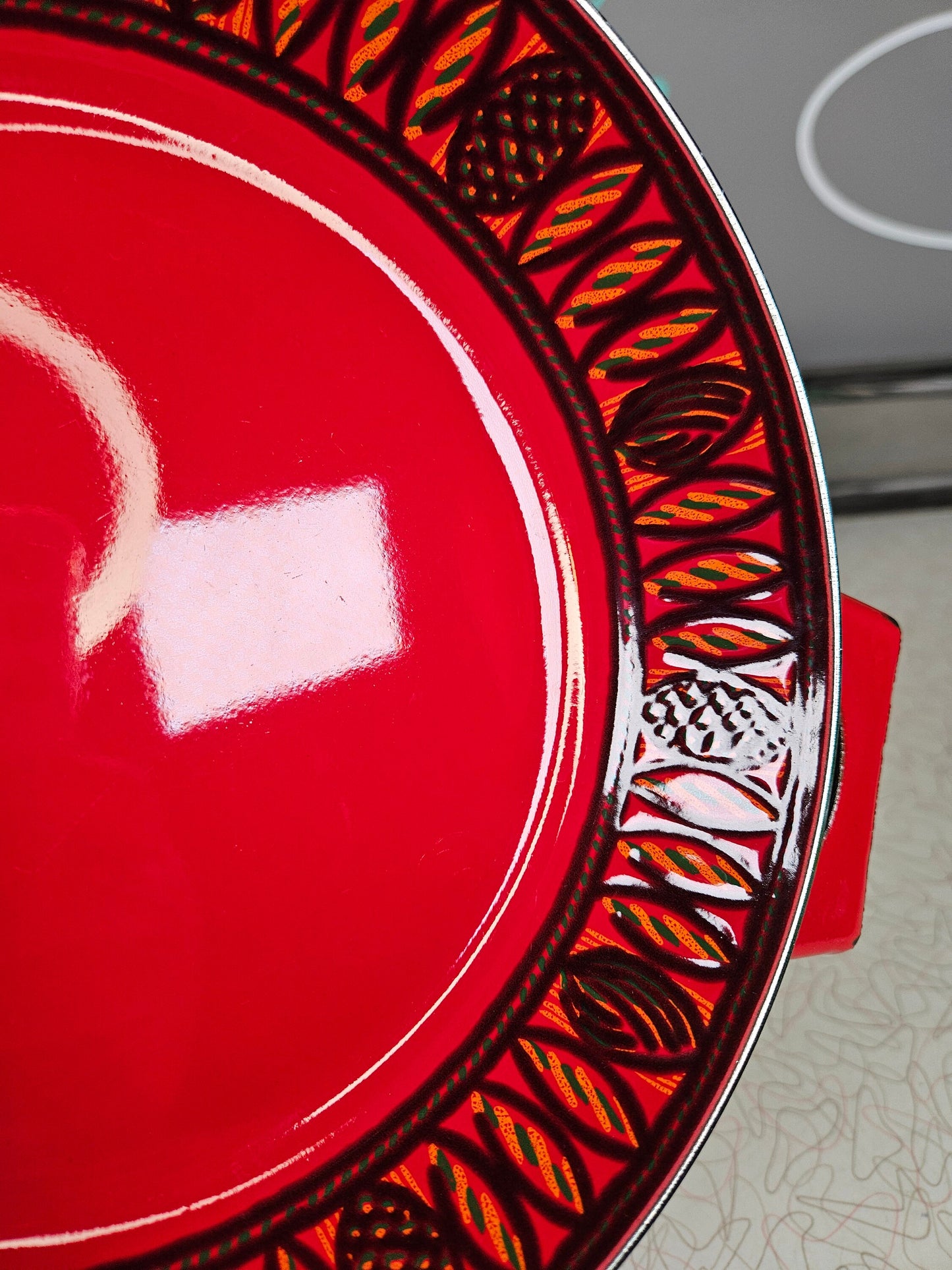 Enamel Mid Century Red Decorated Swiss Handled Pan, 8 Inches, 1960s