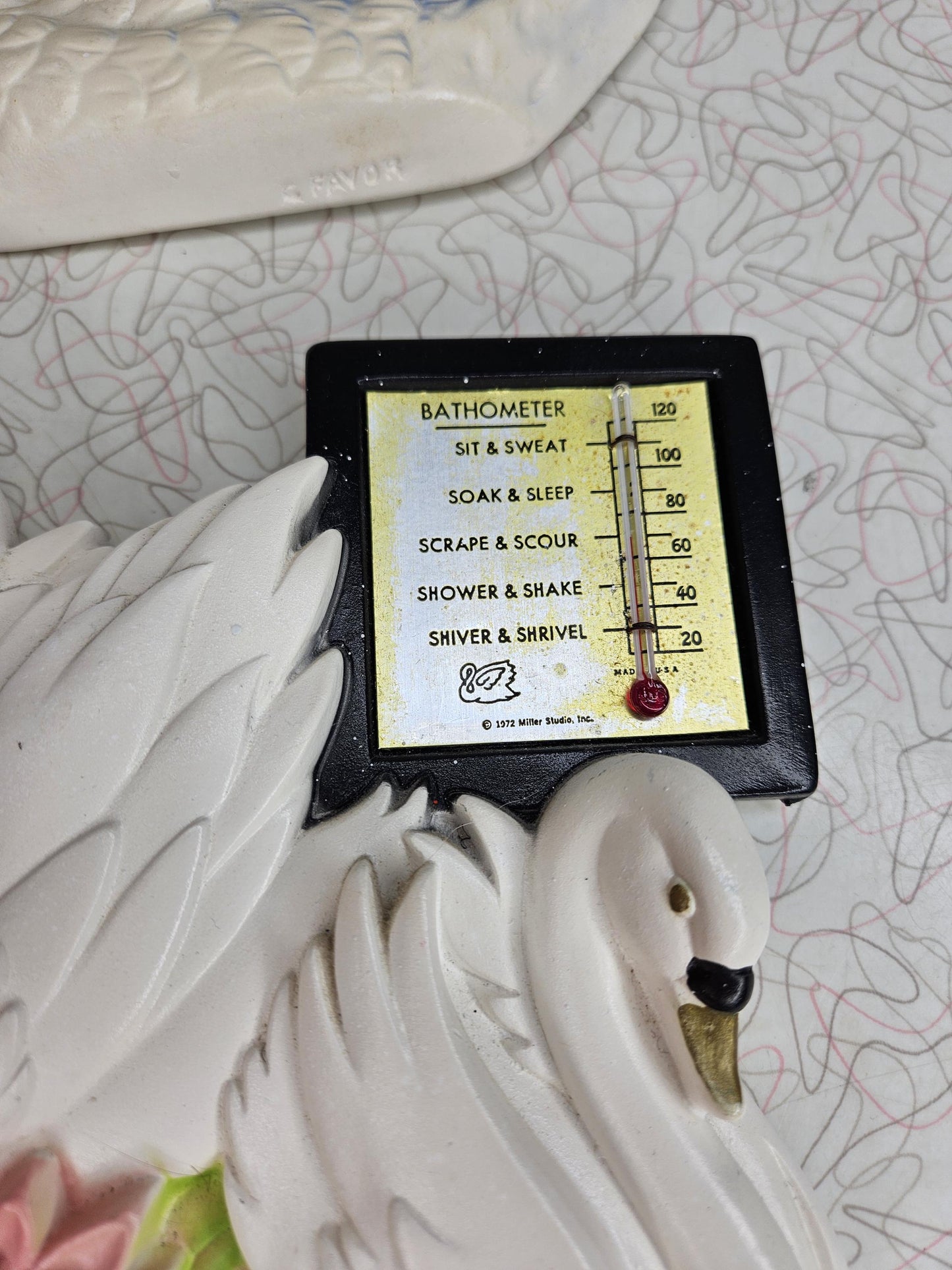 Vintage Bathroom Thermometer Chalkware Swans, Miller Chalkware