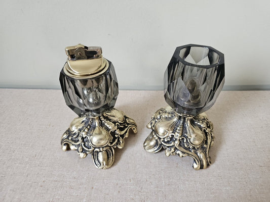 Brass & Smoked Glass Table Lighter Pair|12727