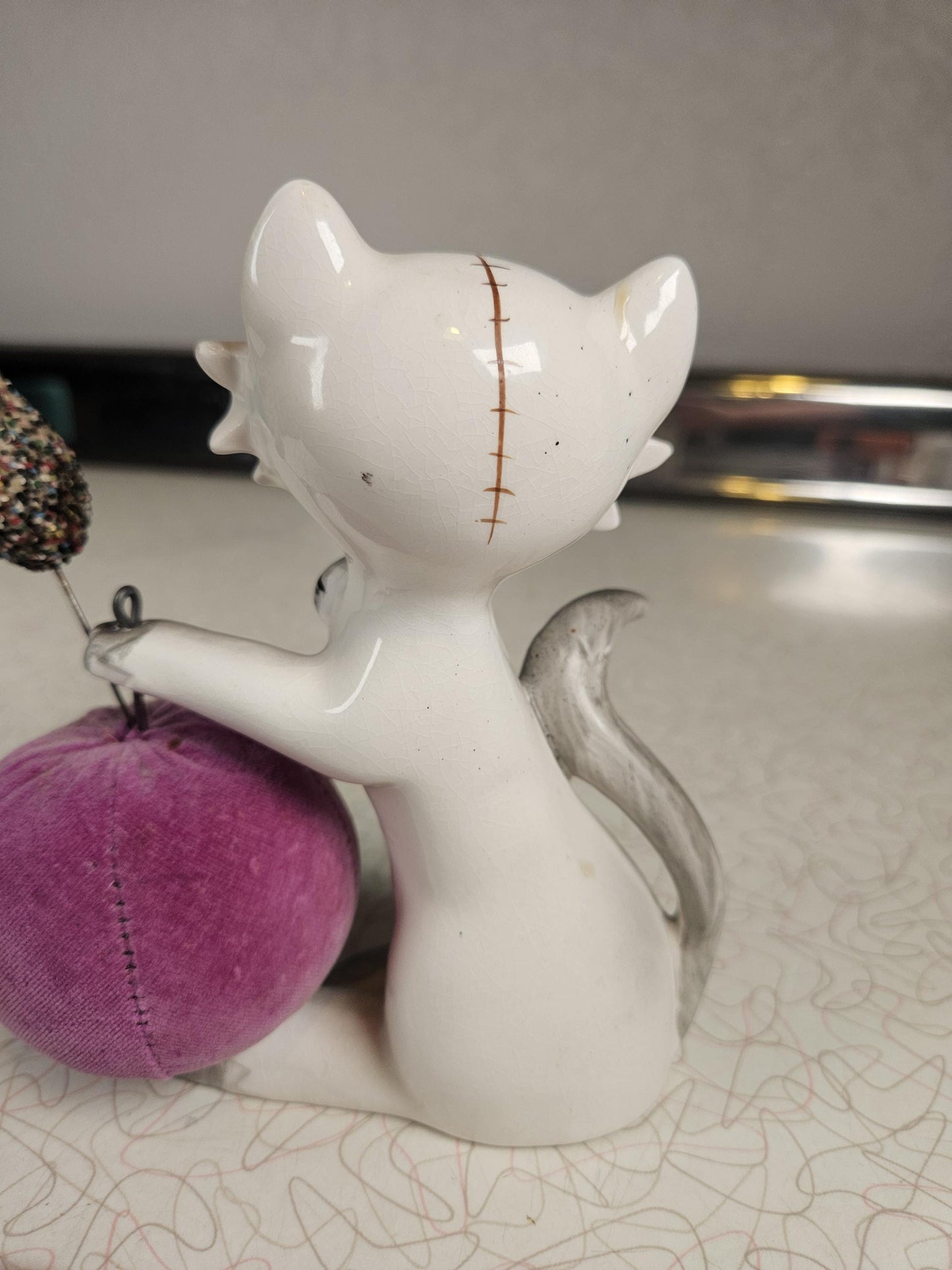 RARE Vintage Kitty Pincushion, Winking Cat, Tapemeasure, Japan, Ceramic