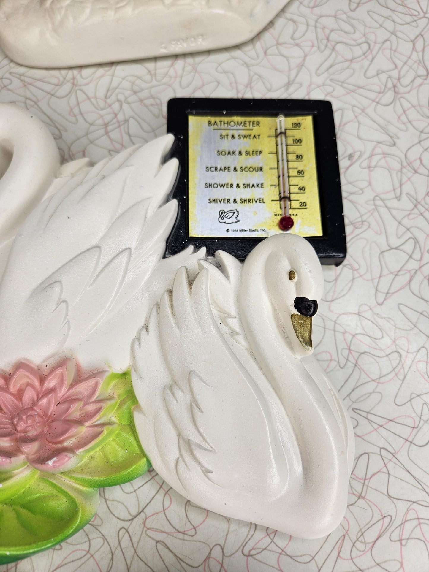 Vintage Bathroom Thermometer Chalkware Swans, Miller Chalkware