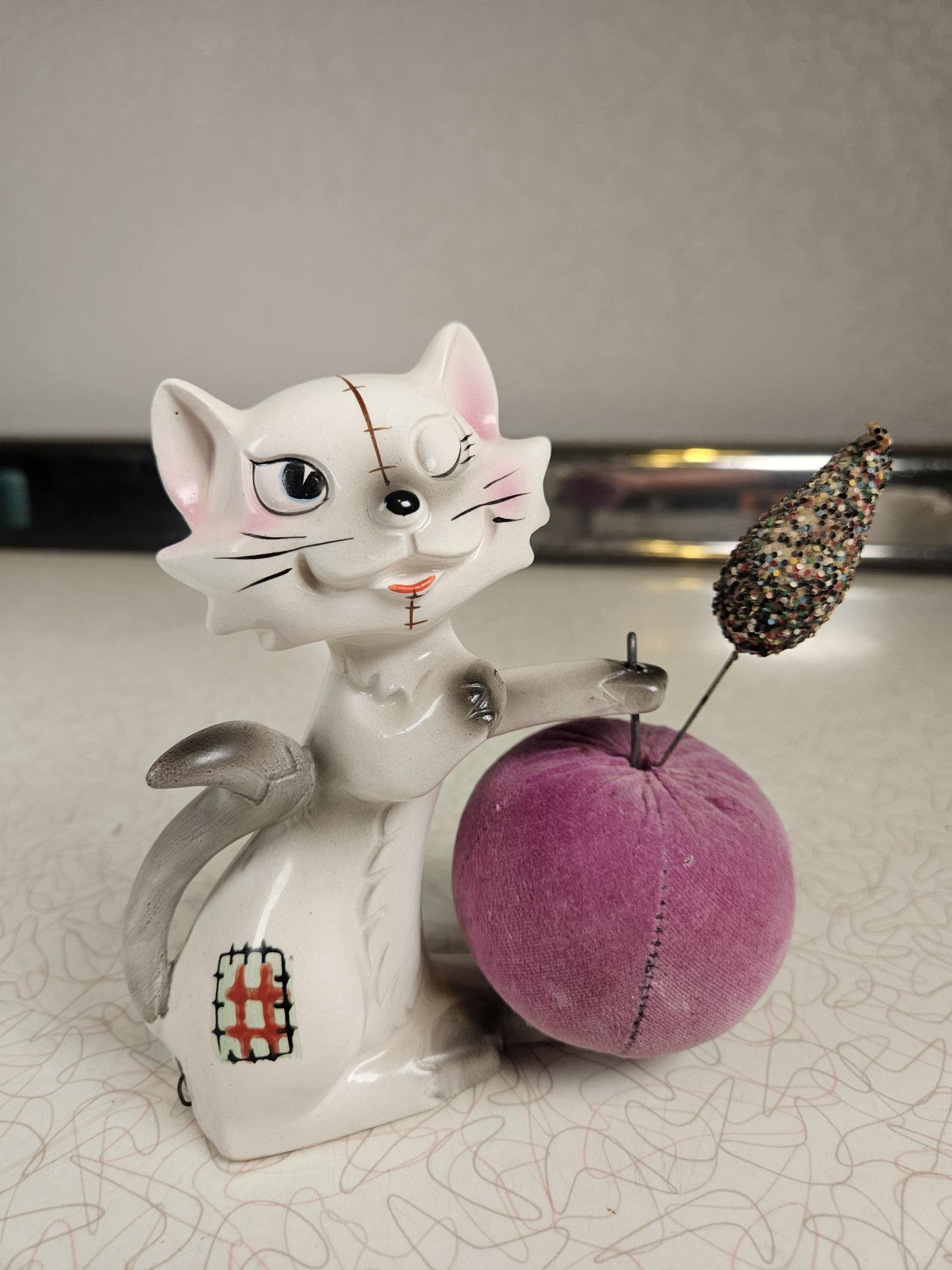 RARE Vintage Kitty Pincushion, Winking Cat, Tapemeasure, Japan, Ceramic