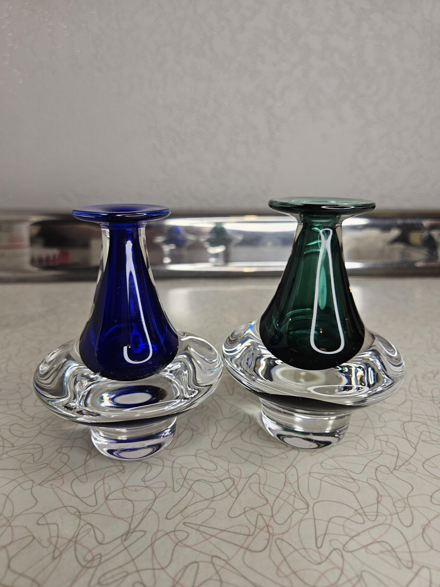 Jan Benda Hand-Blown Encased Glass Bud Vase, Vintage Jan Benda Hand-Blown Art Glass Sapphire Green