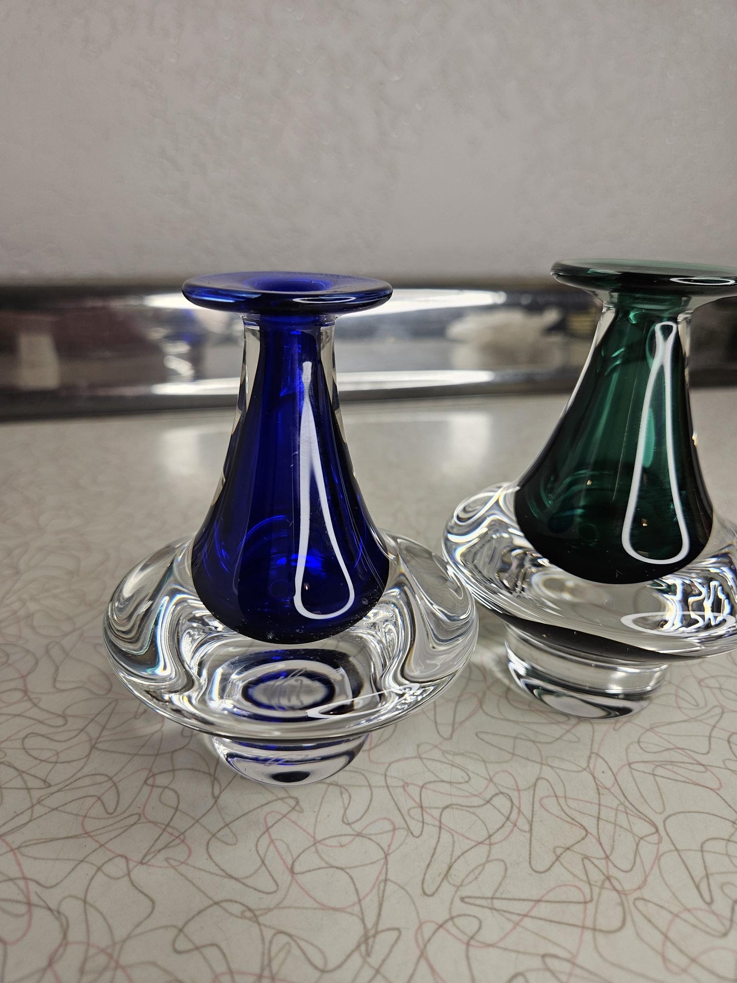 Jan Benda Hand-Blown Encased Glass Bud Vase, Vintage Jan Benda Hand-Blown Art Glass Sapphire Green