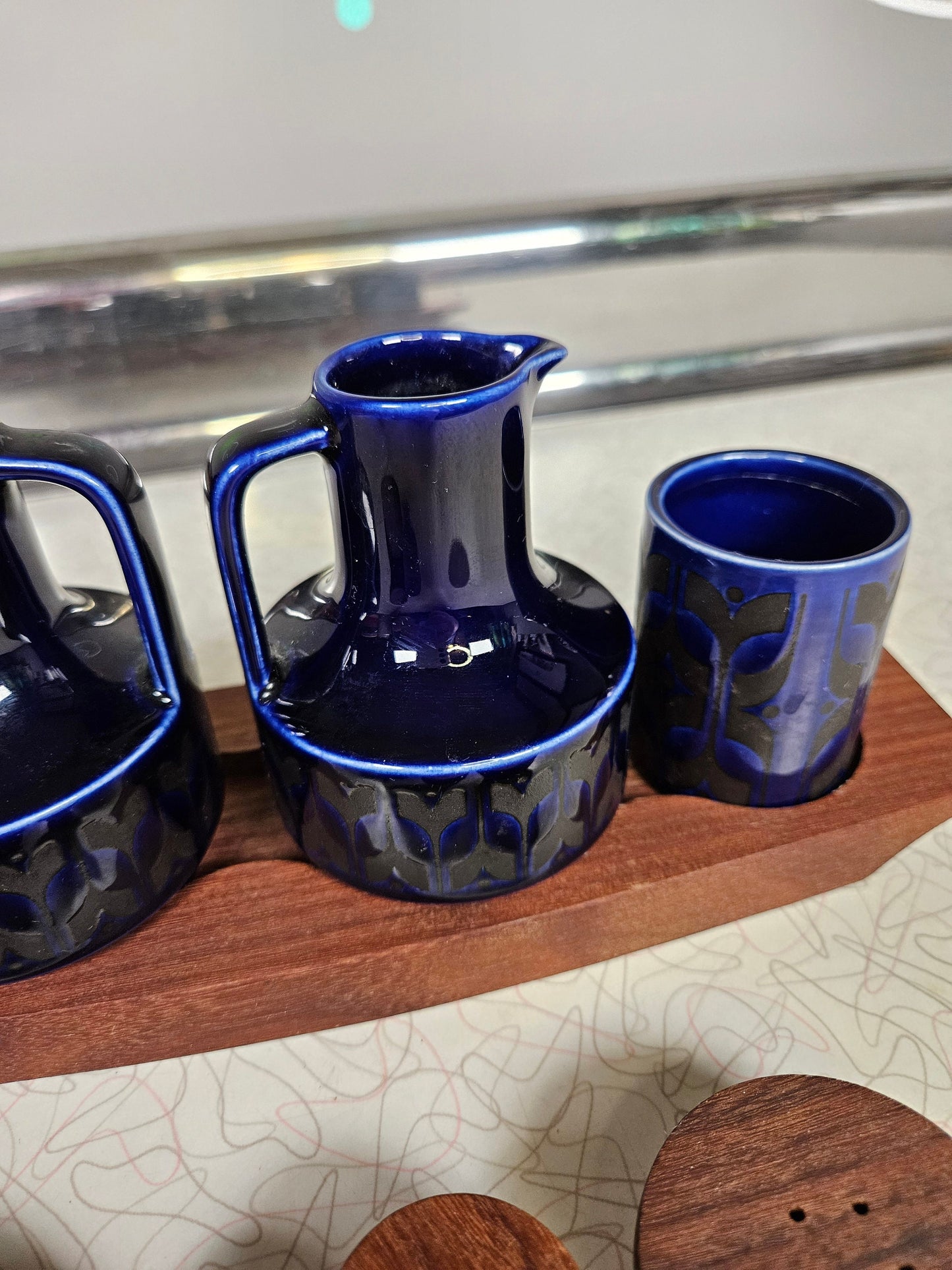 Hornsea Heirloom Oil Vinegar Salt and Pepper Set, Midnight Blue, Original Wood Stand by John Clappison