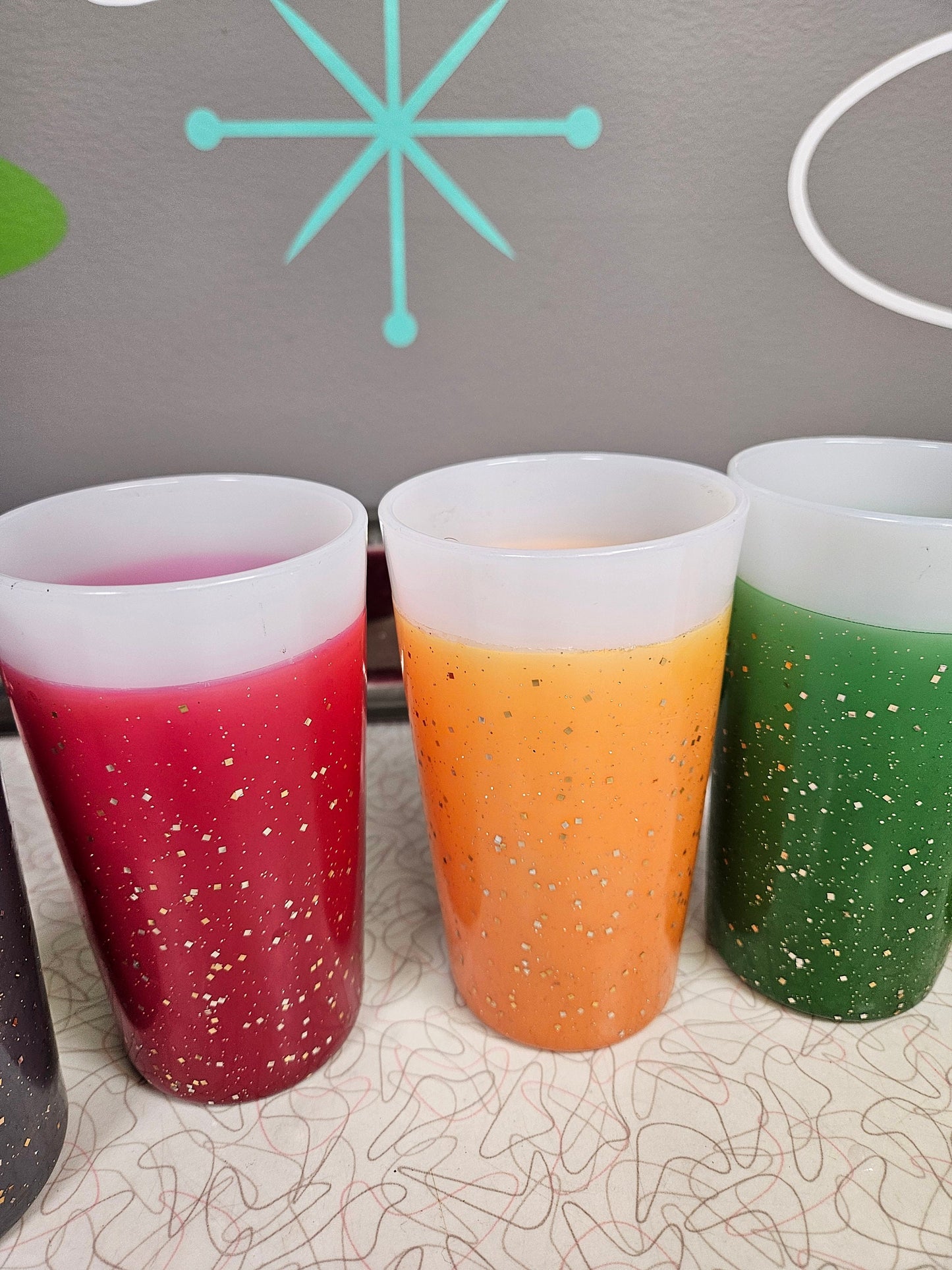 Vintage Glamalite Fire King Tumblers Glitter Rubber Coated Milk Glass