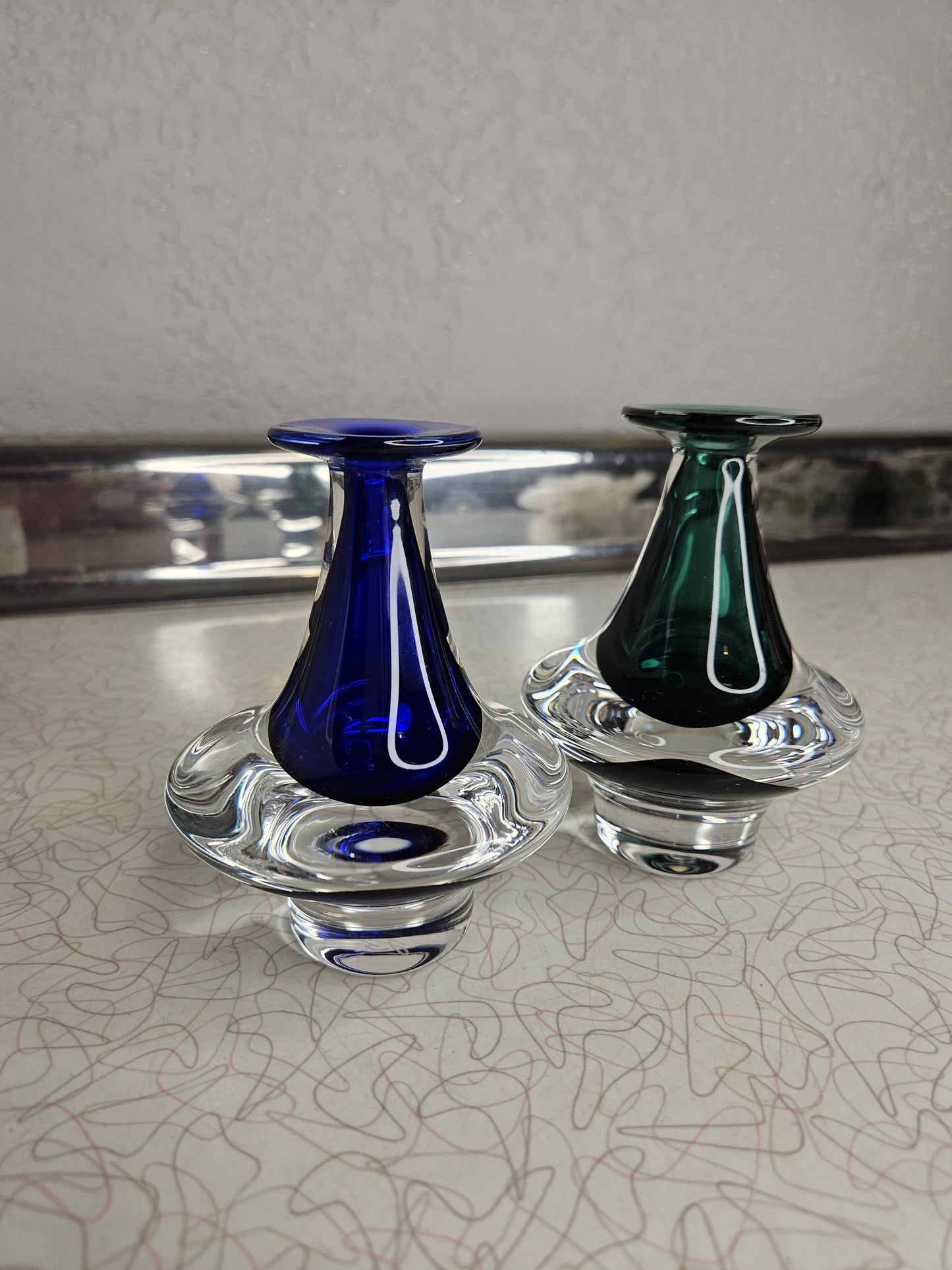 Jan Benda Hand-Blown Encased Glass Bud Vase, Vintage Jan Benda Hand-Blown Art Glass Sapphire Green