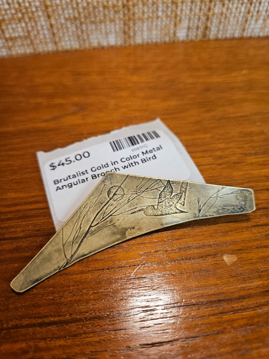 Brutalist Gold in Color Metal Angular Brooch with Bird|12859