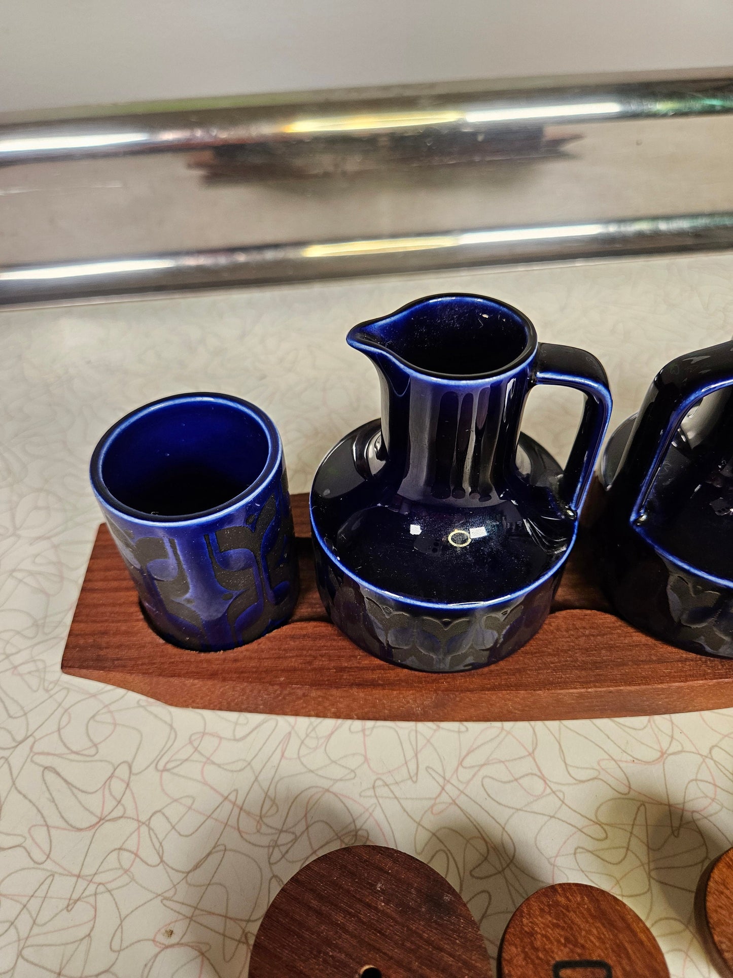 Hornsea Heirloom Oil Vinegar Salt and Pepper Set, Midnight Blue, Original Wood Stand by John Clappison