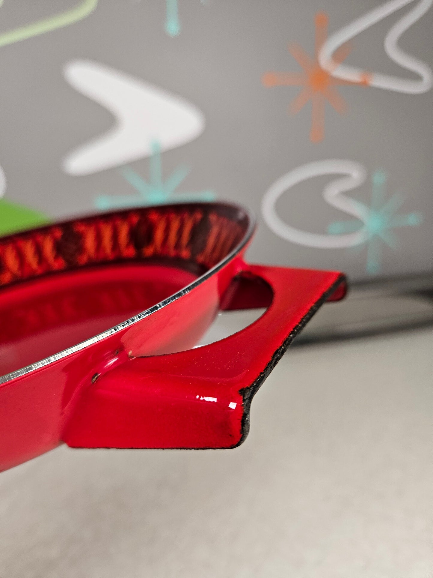 Enamel Mid Century Red Decorated Swiss Handled Pan, 8 Inches, 1960s