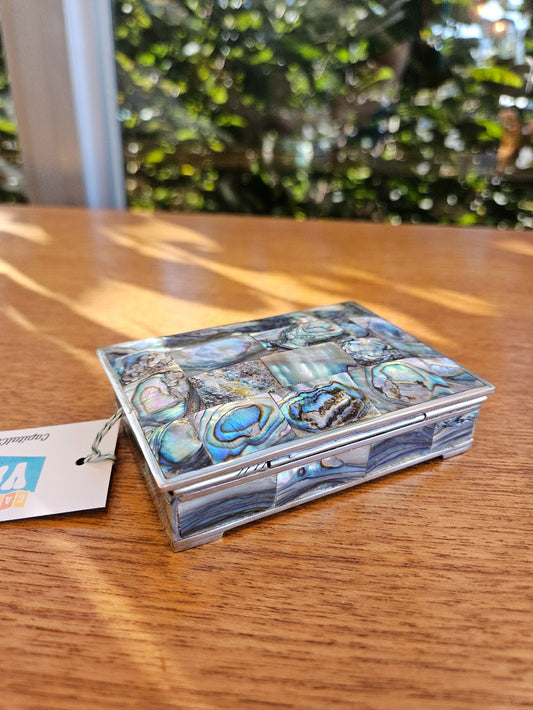 Abalone-Inlaid Hinged Trinket Box Made in Mexico Redwood Lining Hand Crafted|10296