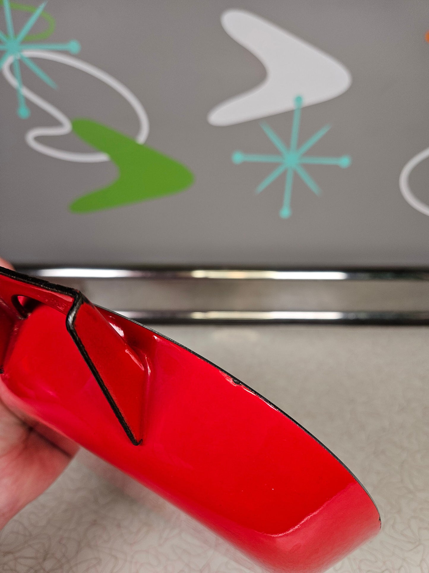 Enamel Mid Century Red Decorated Swiss Handled Pan, 8 Inches, 1960s