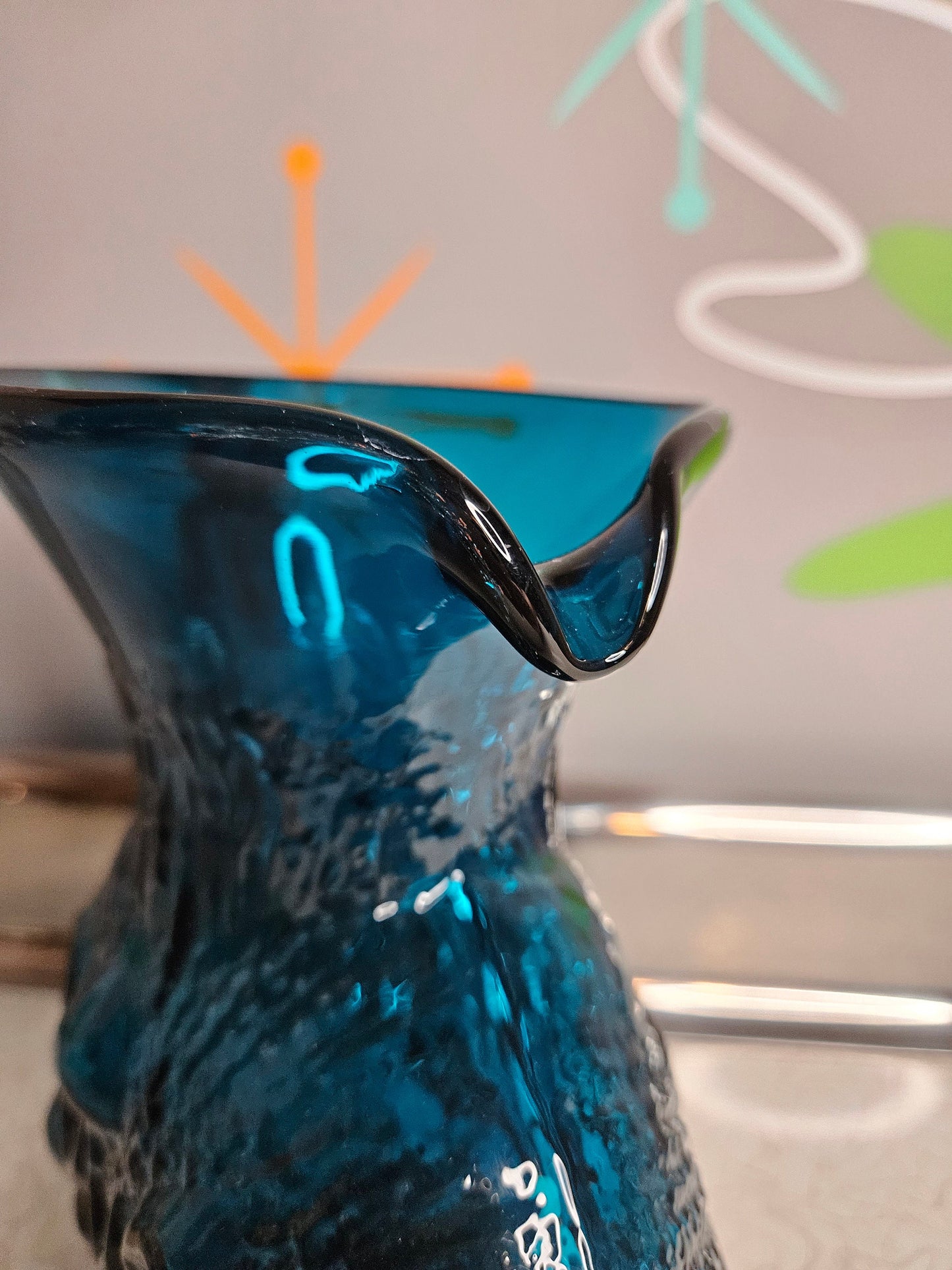 Vintage Wayne Husted Blue Glass Pitcher, Mid Century Modern, Empoli