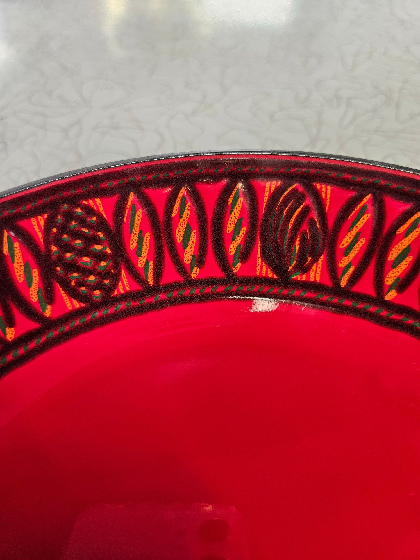 Enamel Mid Century Red Decorated Swiss Handled Pan, 8 Inches, 1960s