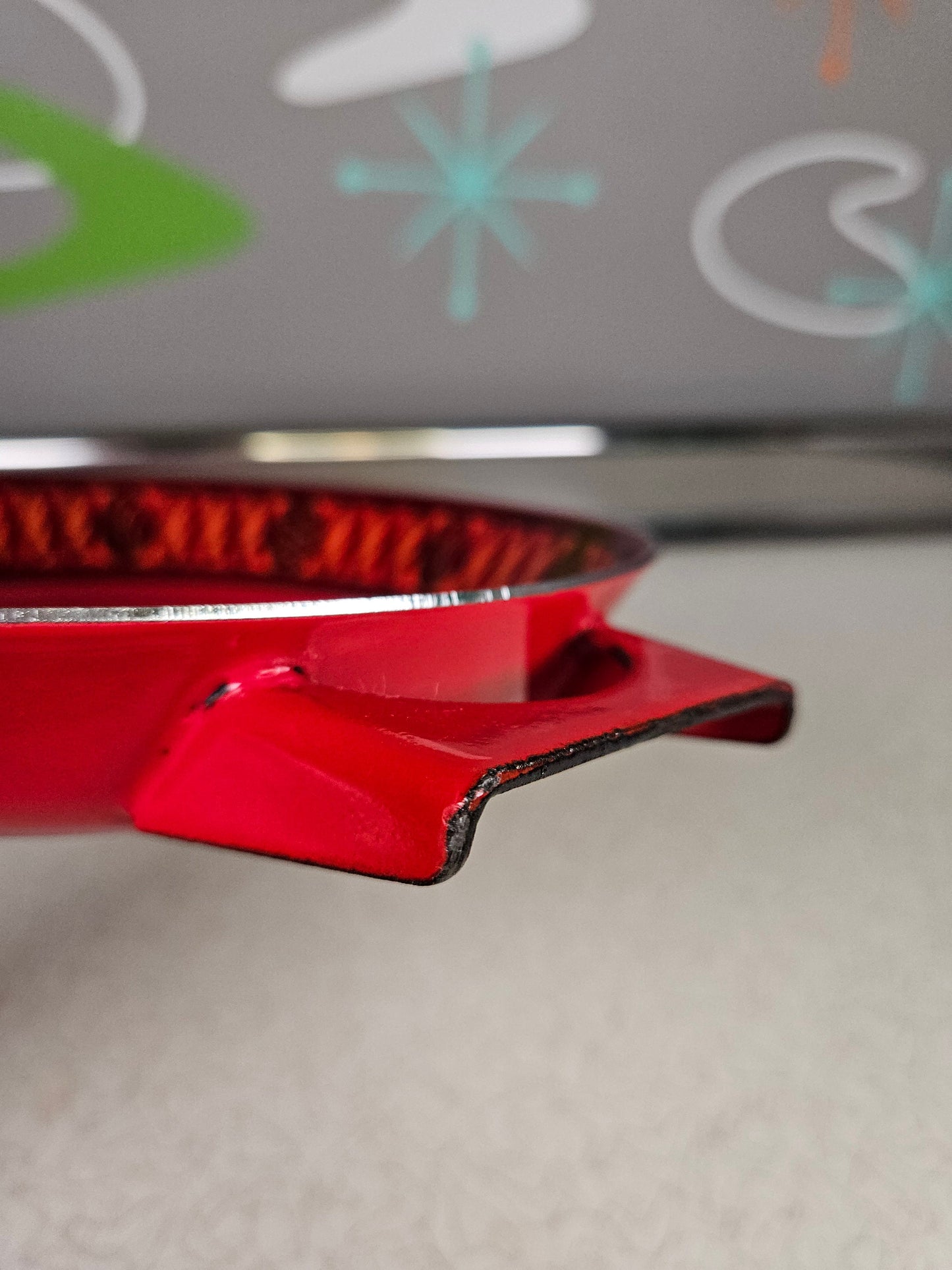 Enamel Mid Century Red Decorated Swiss Handled Pan, 8 Inches, 1960s