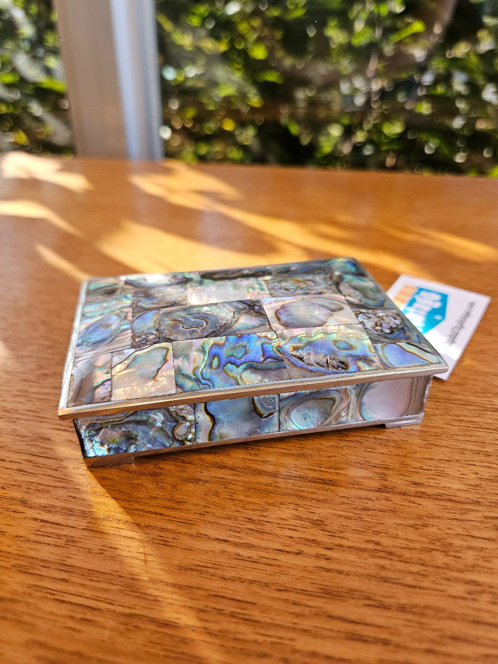 Abalone-Inlaid Hinged Trinket Box Made in Mexico Redwood Lining Hand Crafted|10297