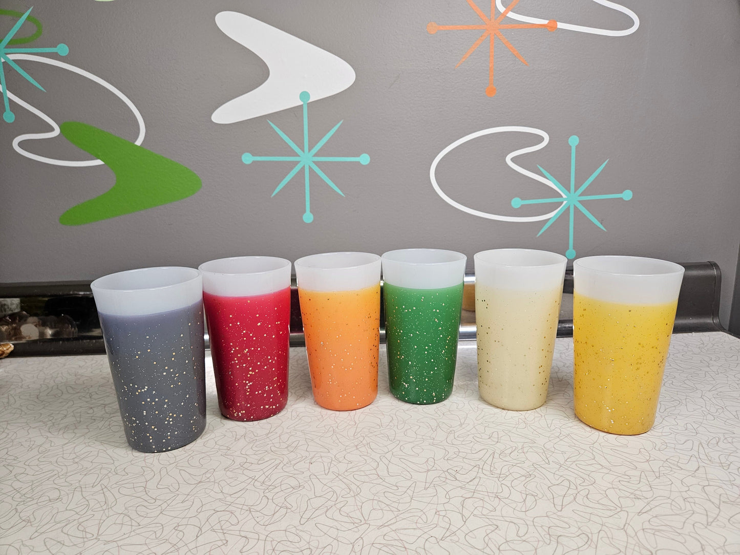 Vintage Glamalite Fire King Tumblers Glitter Rubber Coated Milk Glass