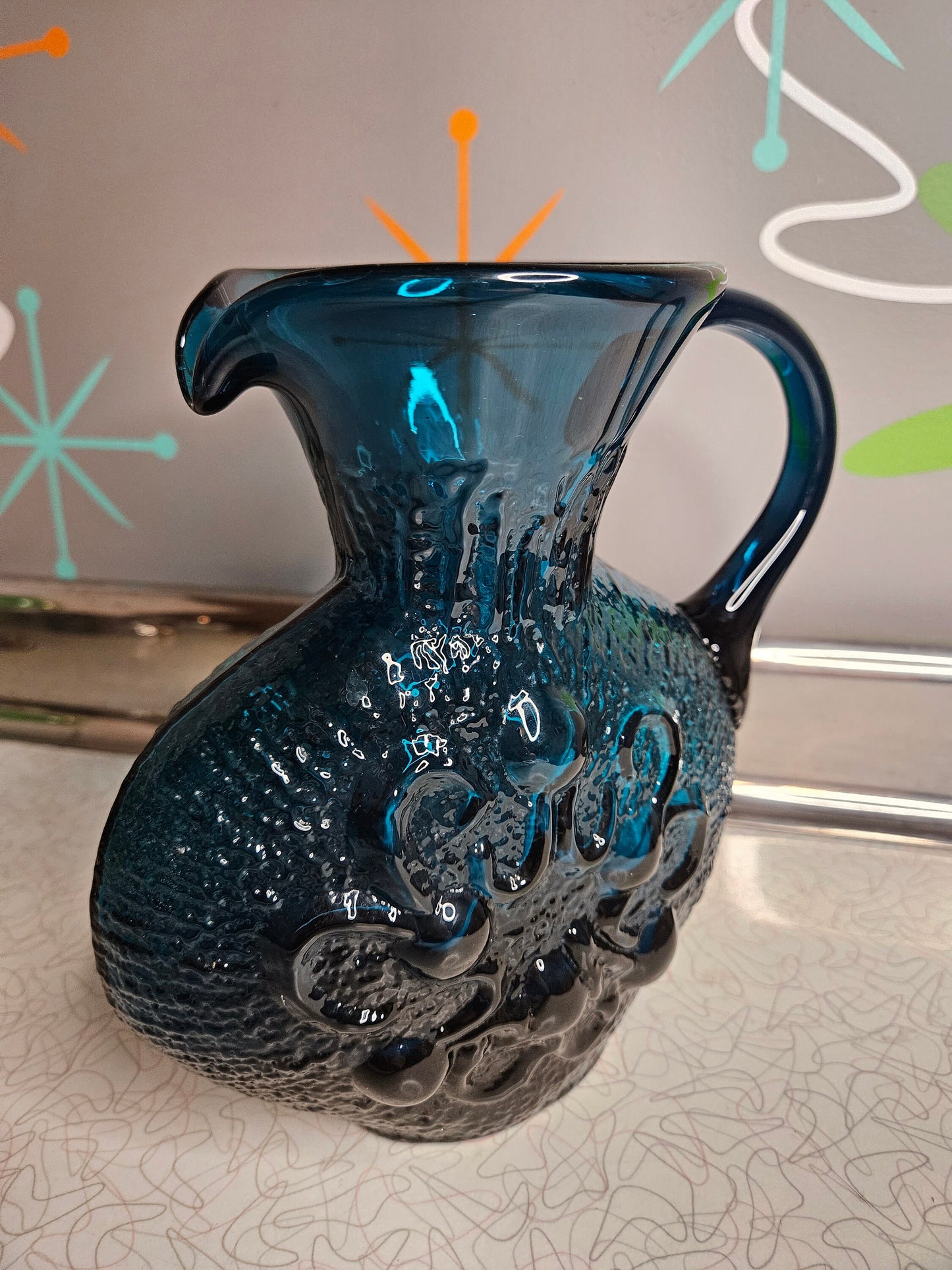 Vintage Wayne Husted Blue Glass Pitcher, Mid Century Modern, Empoli