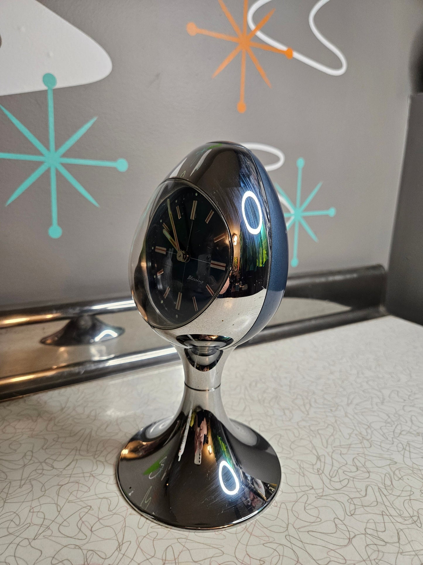 German Egg Clock, Space Age Chrome Alarm Clock