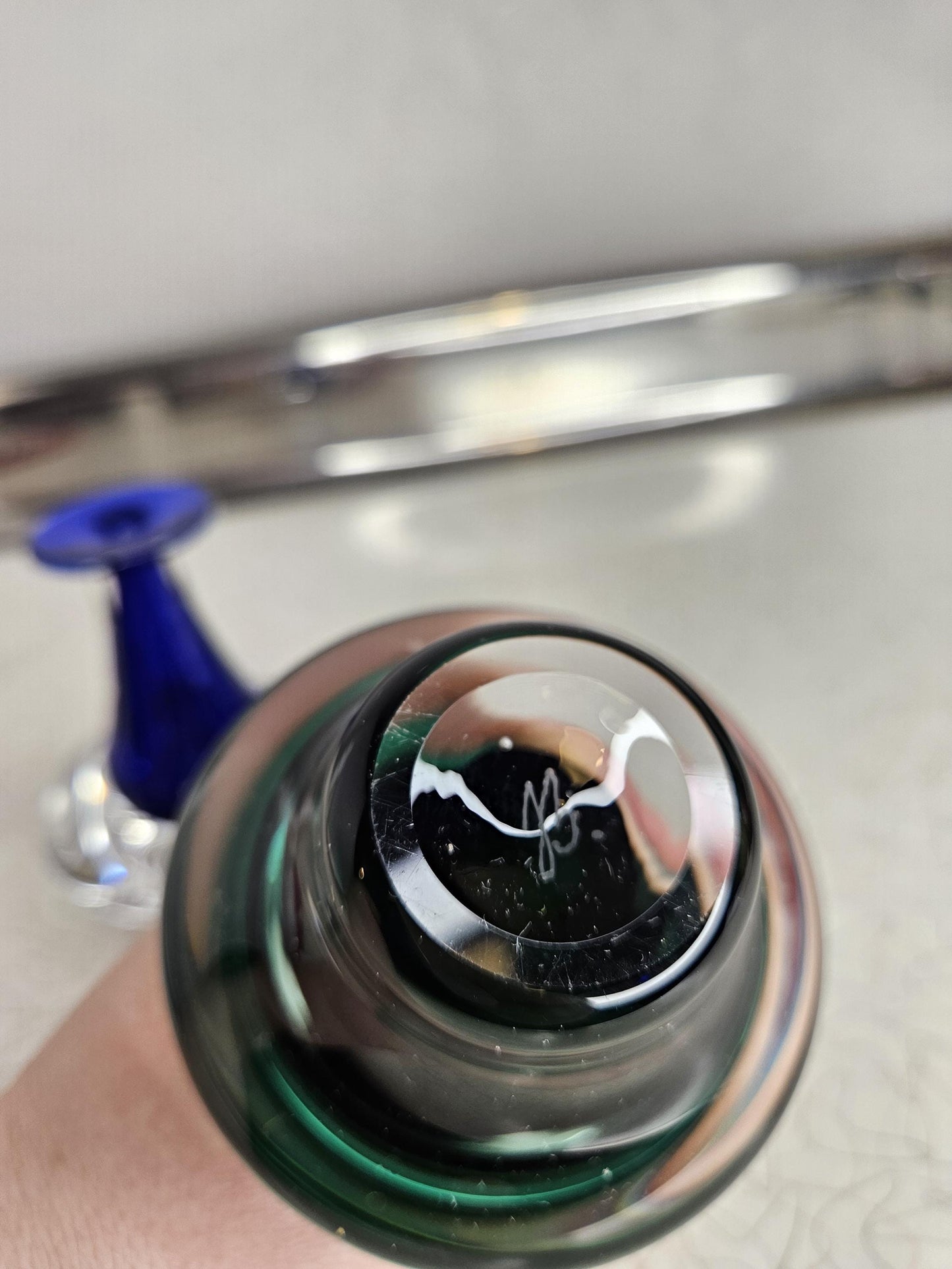 Jan Benda Hand-Blown Encased Glass Bud Vase, Vintage Jan Benda Hand-Blown Art Glass Sapphire Green