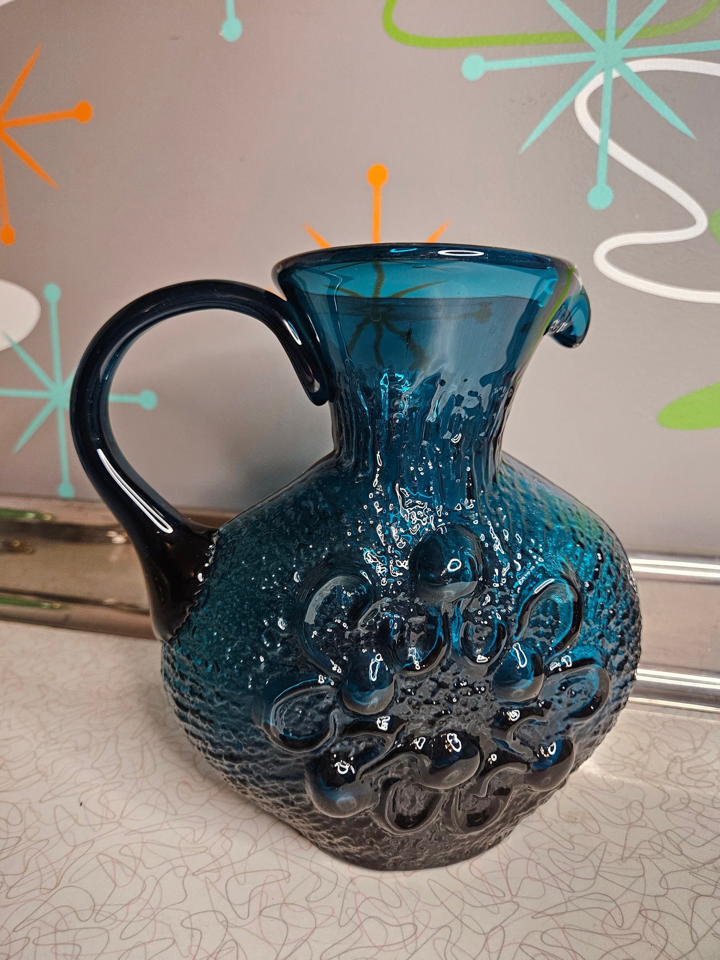 Vintage Wayne Husted Blue Glass Pitcher, Mid Century Modern, Empoli