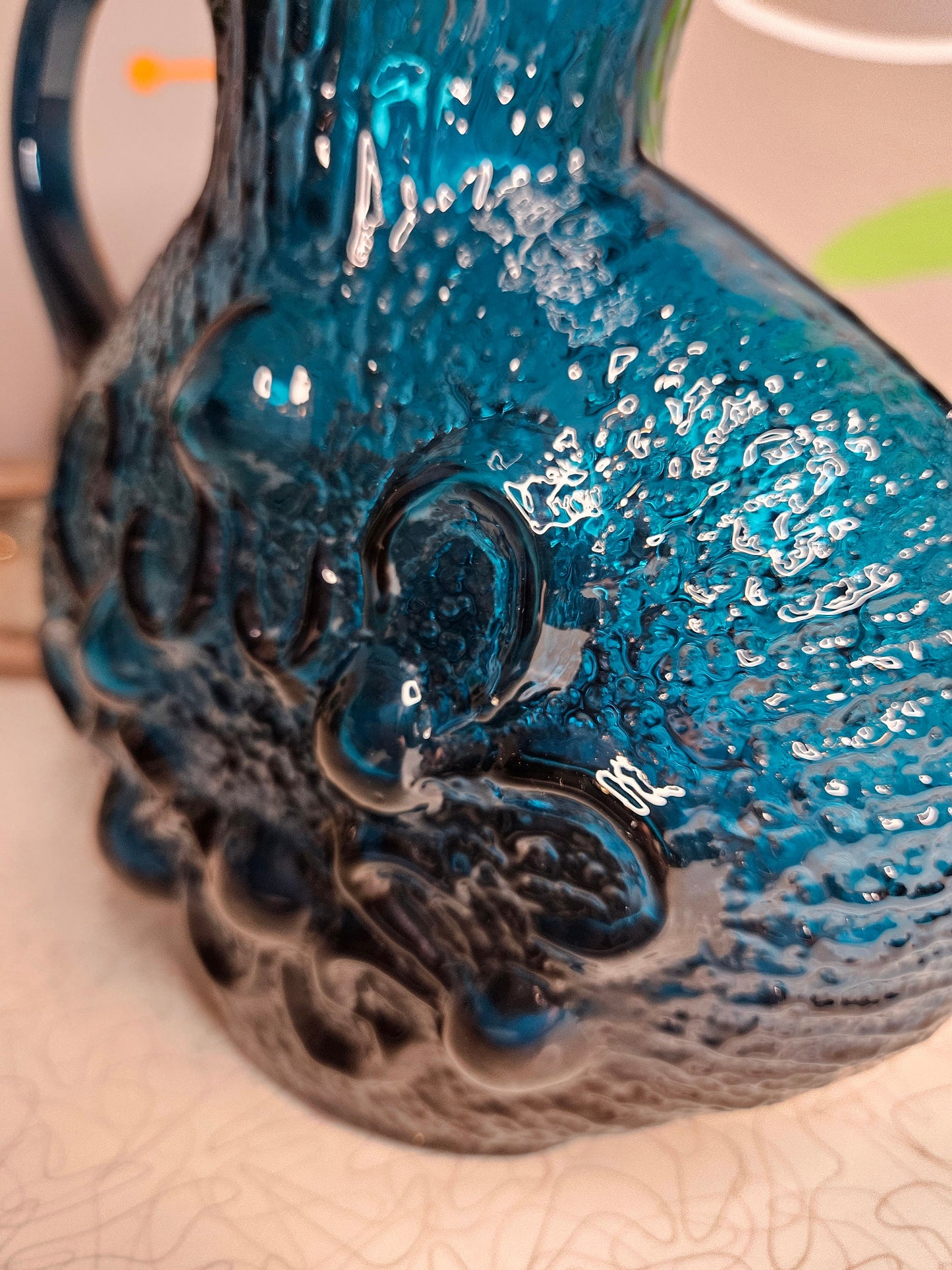 Vintage Wayne Husted Blue Glass Pitcher, Mid Century Modern, Empoli