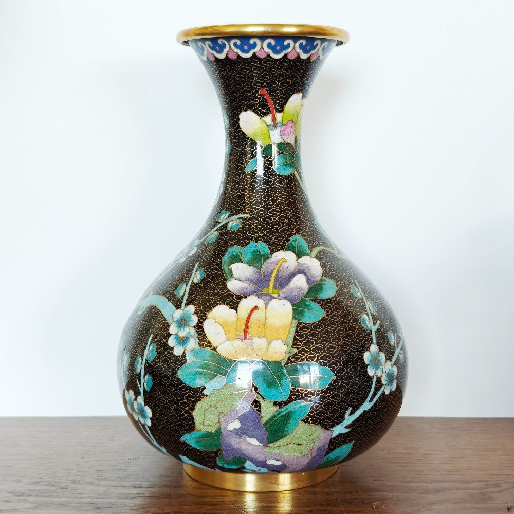 Large black cloisonné vase with flowers|13709