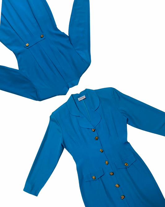 80s Teal Mid Length Shirt Dress|10754