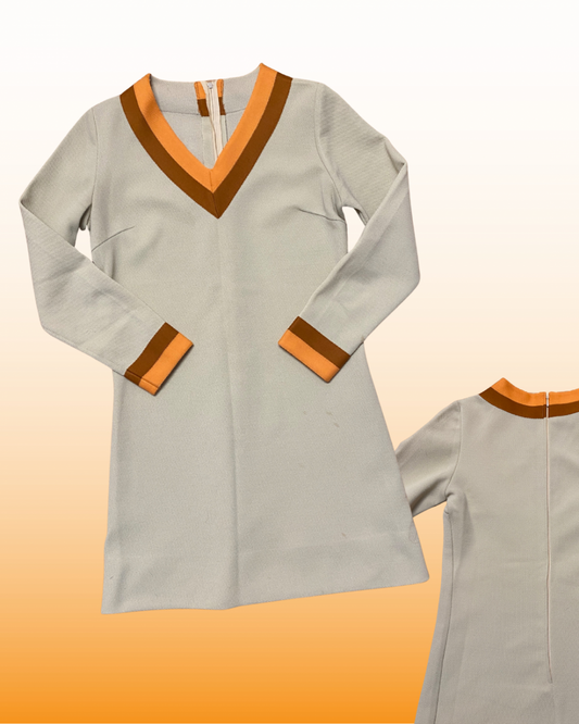 70s Tan & Orange Polyester Minidress|10986