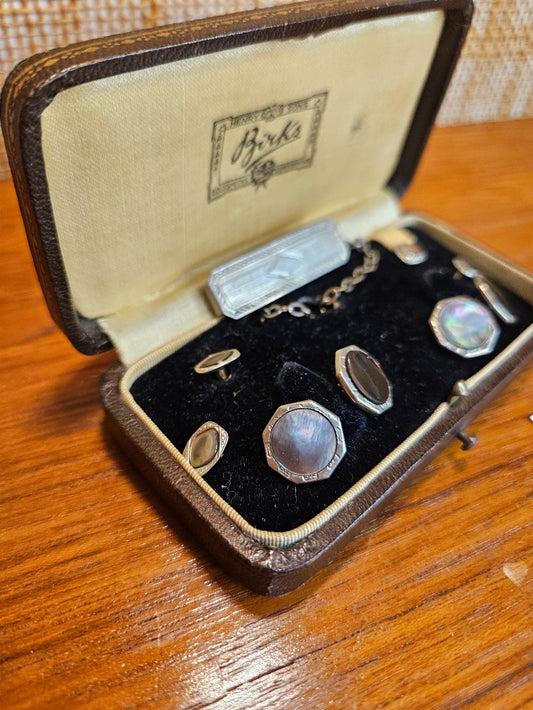 1920s Mother of Pearl Cufflinks and tuxedo shirt studs - Birks Formal Stud Set|12648