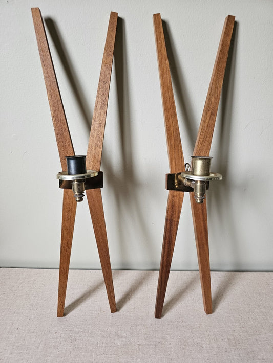 Set of Two, Teak and Brass Pillar Candle Sconces|9400
