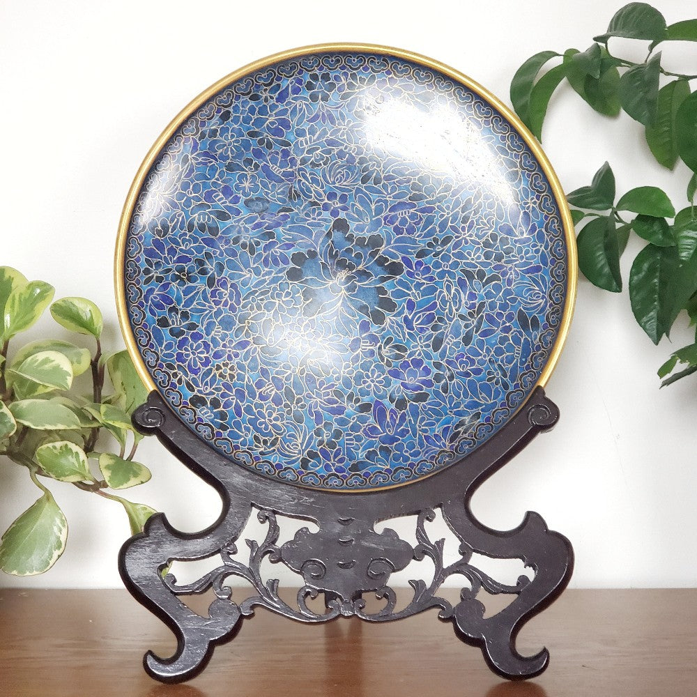 Large blue cloisonné plate on a stand|13719