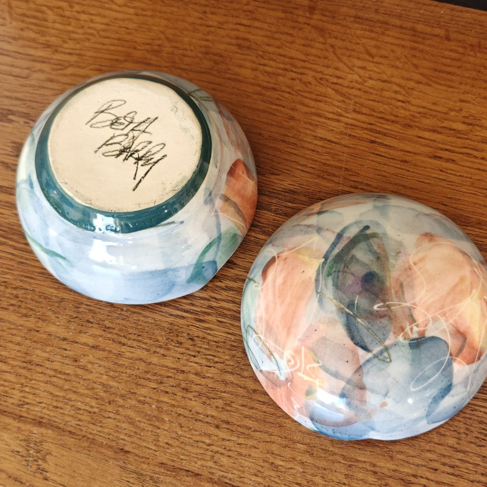 Art pottery lidded box. Pink and blue abstract|10912