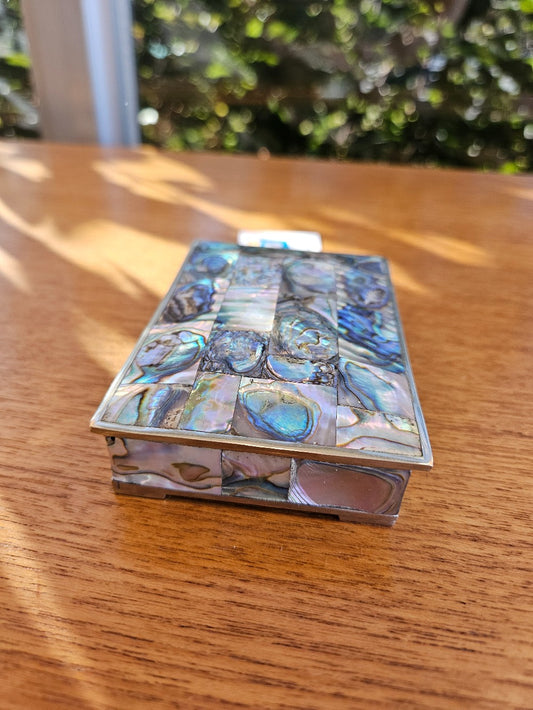 Abalone-Inlaid Hinged Trinket Box Made in Mexico Redwood Lining Hand Crafted|10295