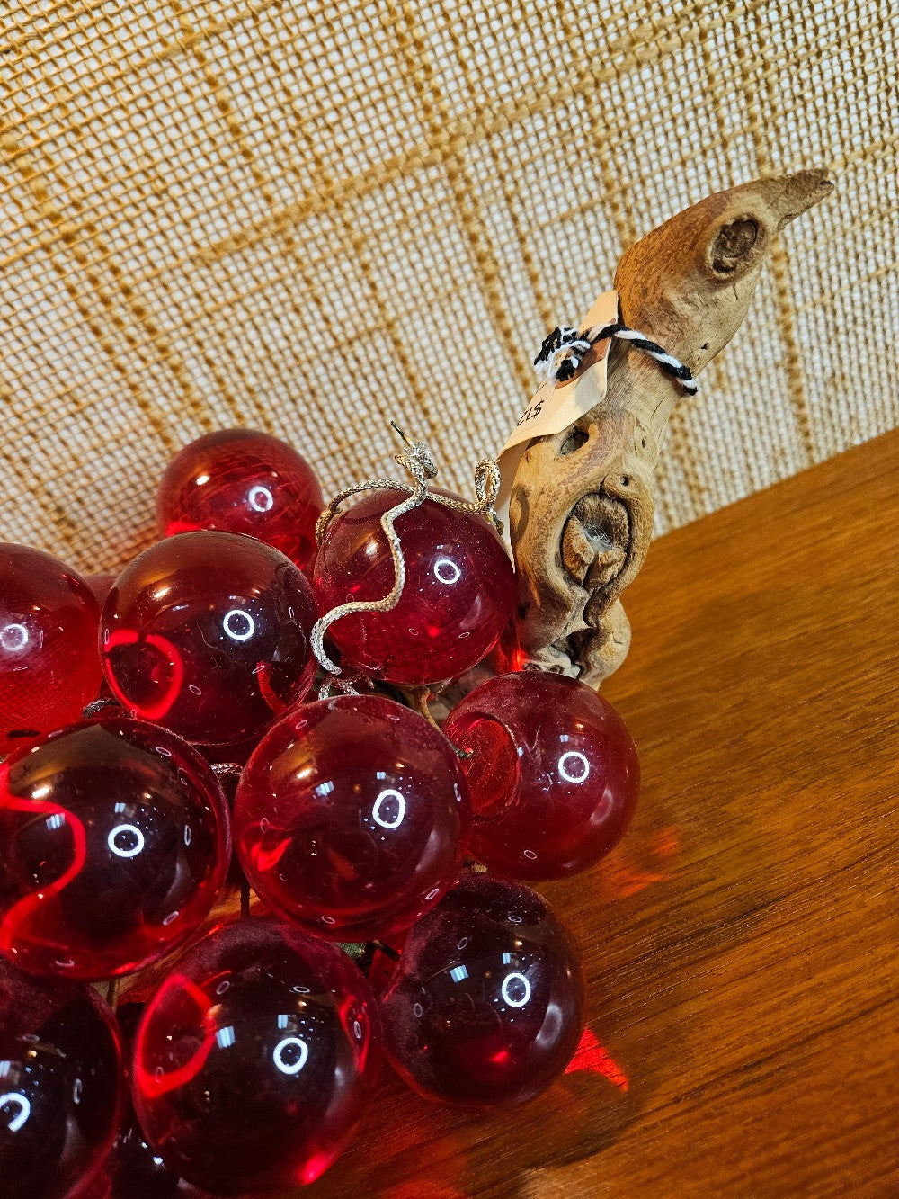 Large Bunch of Dark Red Lucite Grapes on Driftwood Stem|12809